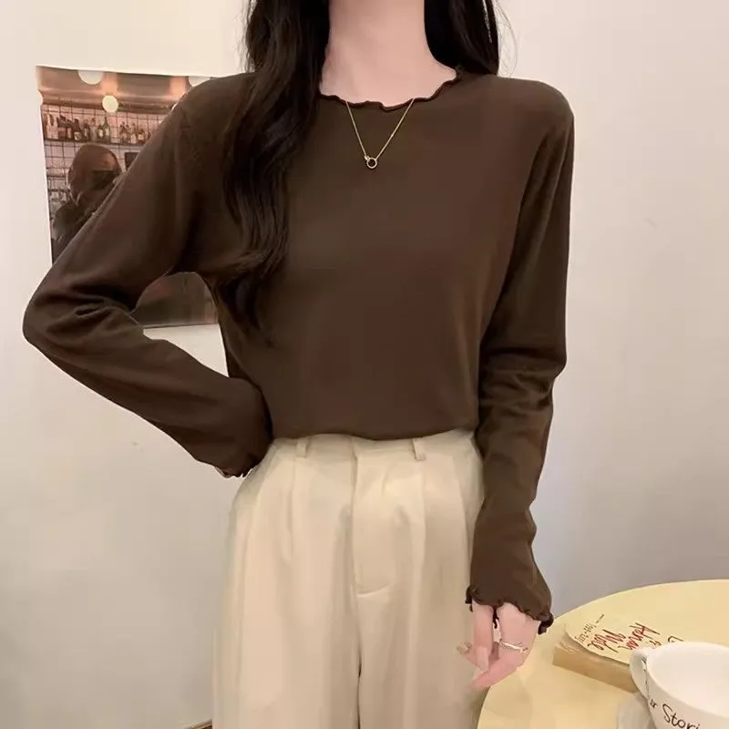 Solid color knitted sweater women's 2024 spring, autumn and winter fungus edge round neck long-sleeved inner top high-end bottoming shirt