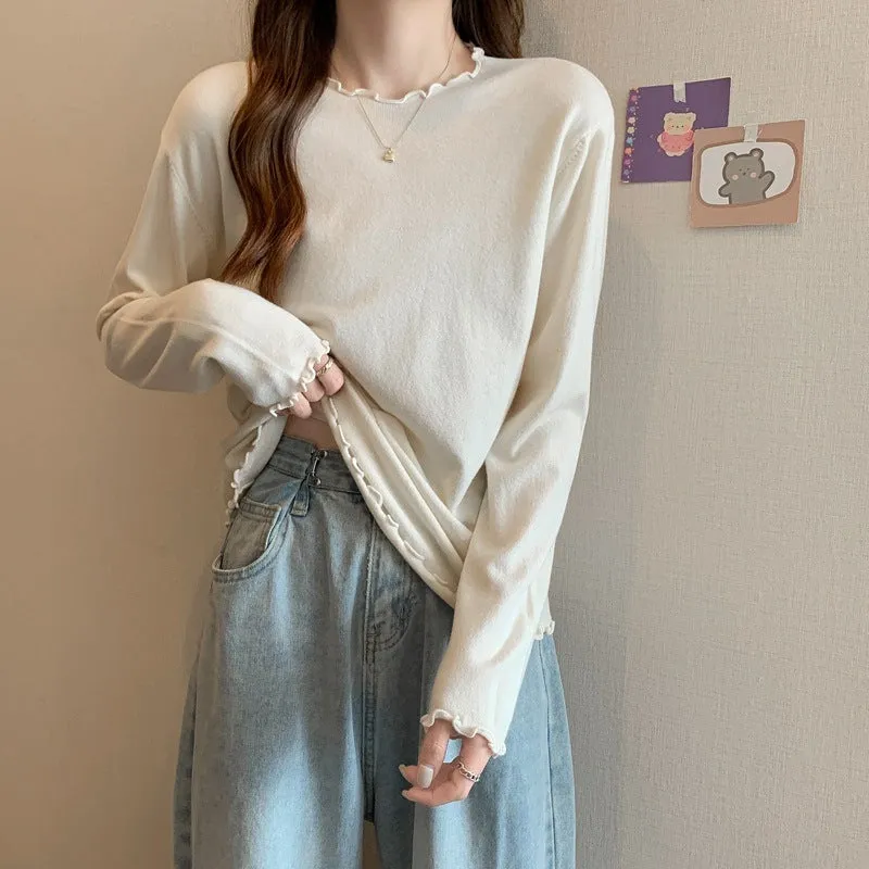 Solid color knitted sweater women's 2024 spring, autumn and winter fungus edge round neck long-sleeved inner top high-end bottoming shirt