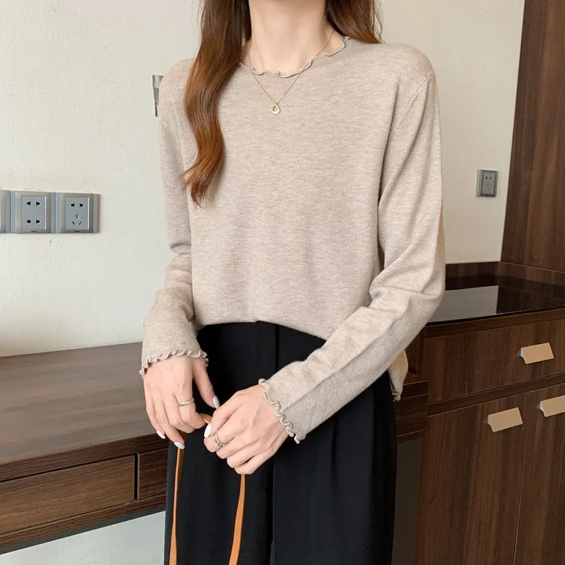 Solid color knitted sweater women's 2024 spring, autumn and winter fungus edge round neck long-sleeved inner top high-end bottoming shirt