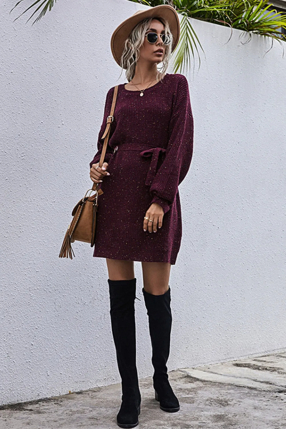 Solid Color Loose Belt Sweater Dress