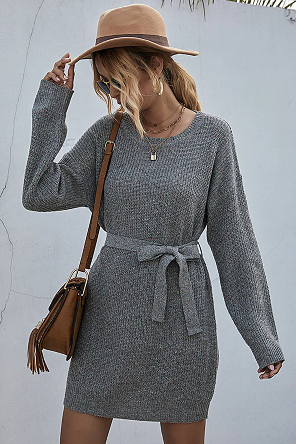 Solid Color Loose Belt Sweater Dress