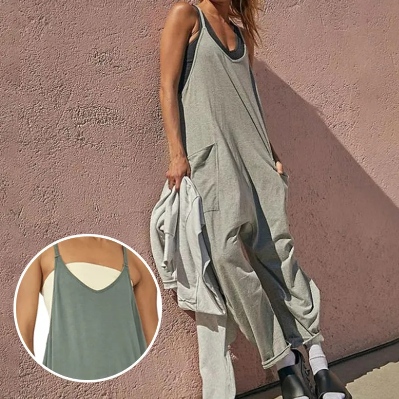 Solid V-Neck Sling Pocket Jumpsuit