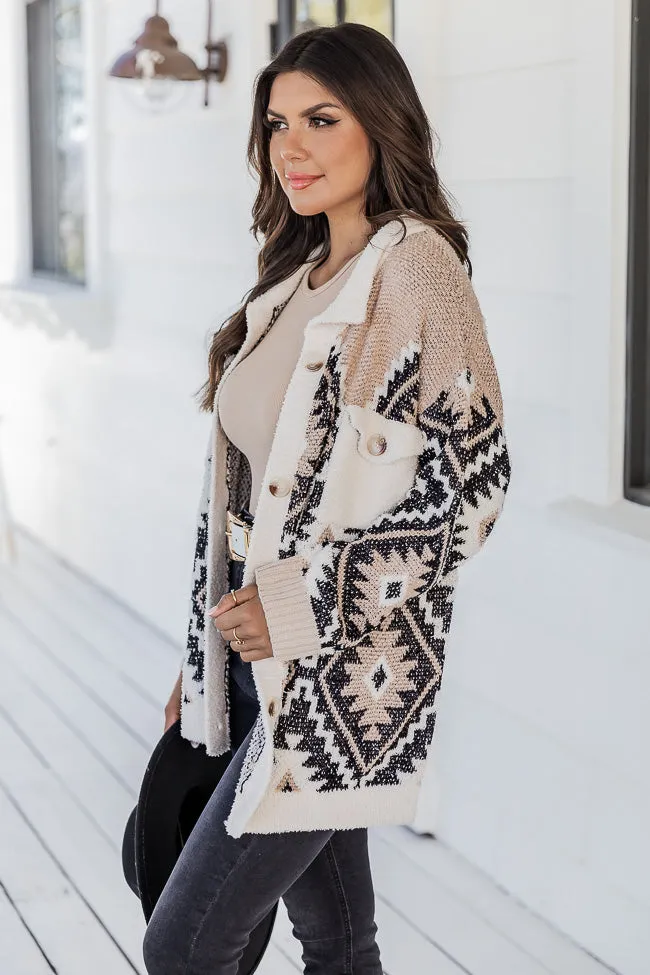 Something More Beige And Black Fuzzy Southwestern Print Shacket