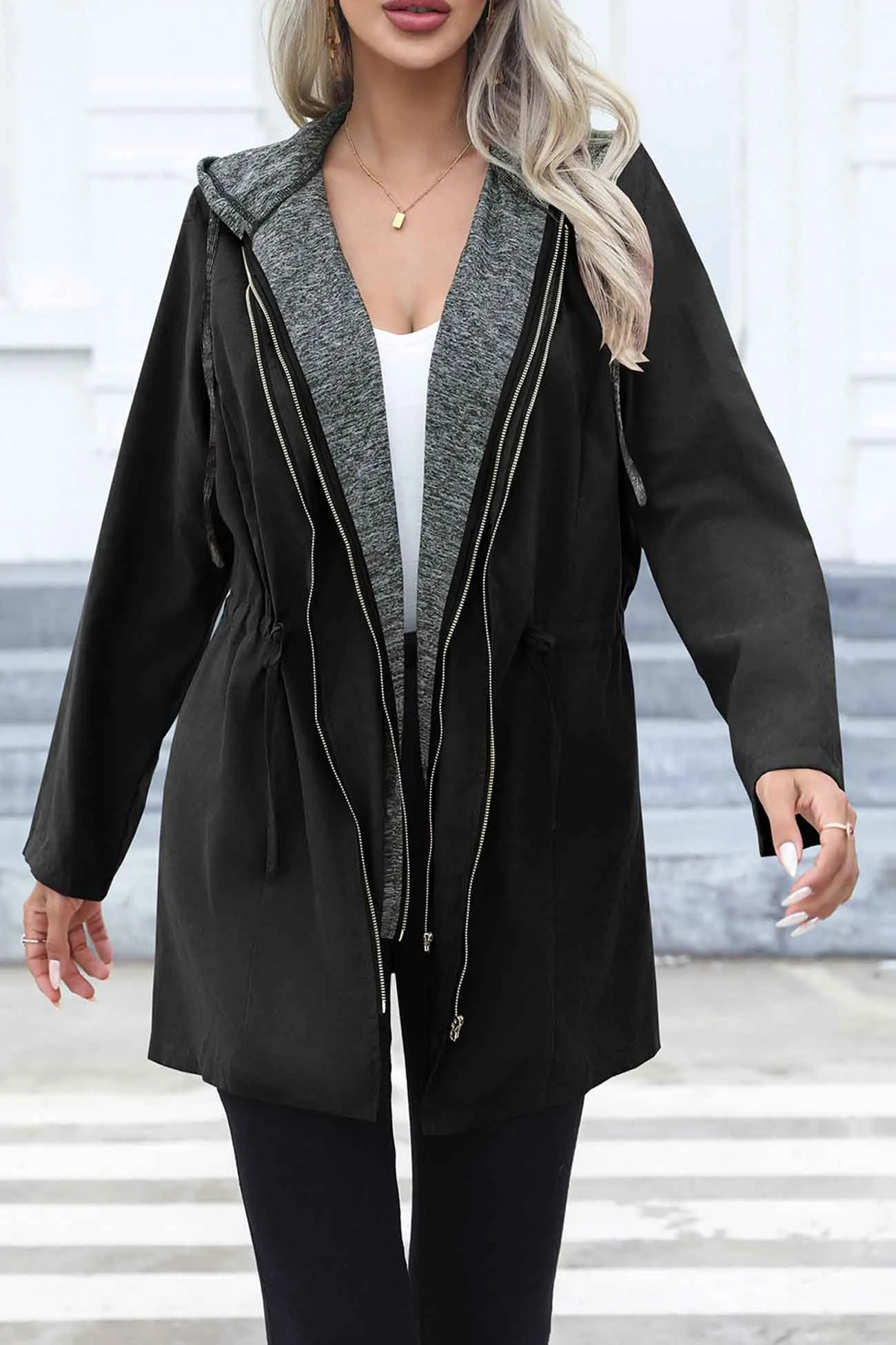 Strappy Patchwork Hooded Zip Up Trench Coat