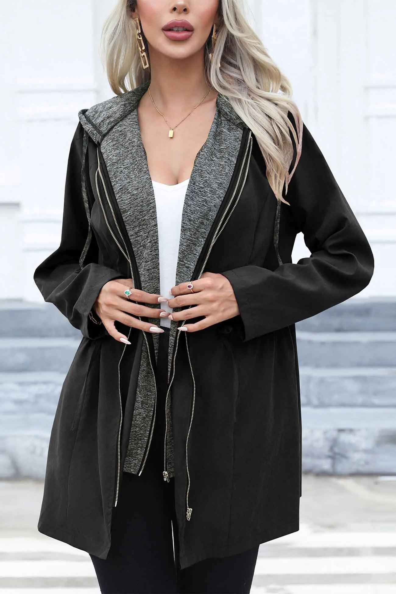 Strappy Patchwork Hooded Zip Up Trench Coat