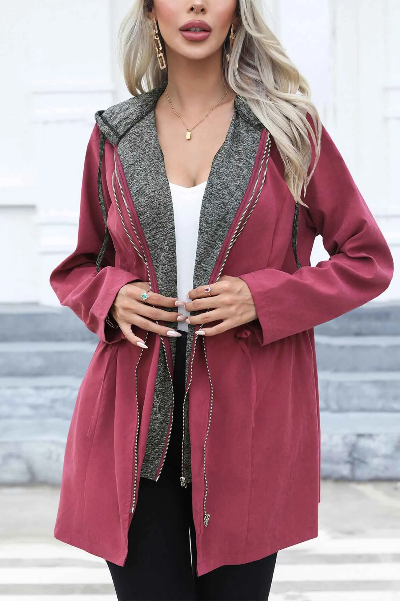 Strappy Patchwork Hooded Zip Up Trench Coat