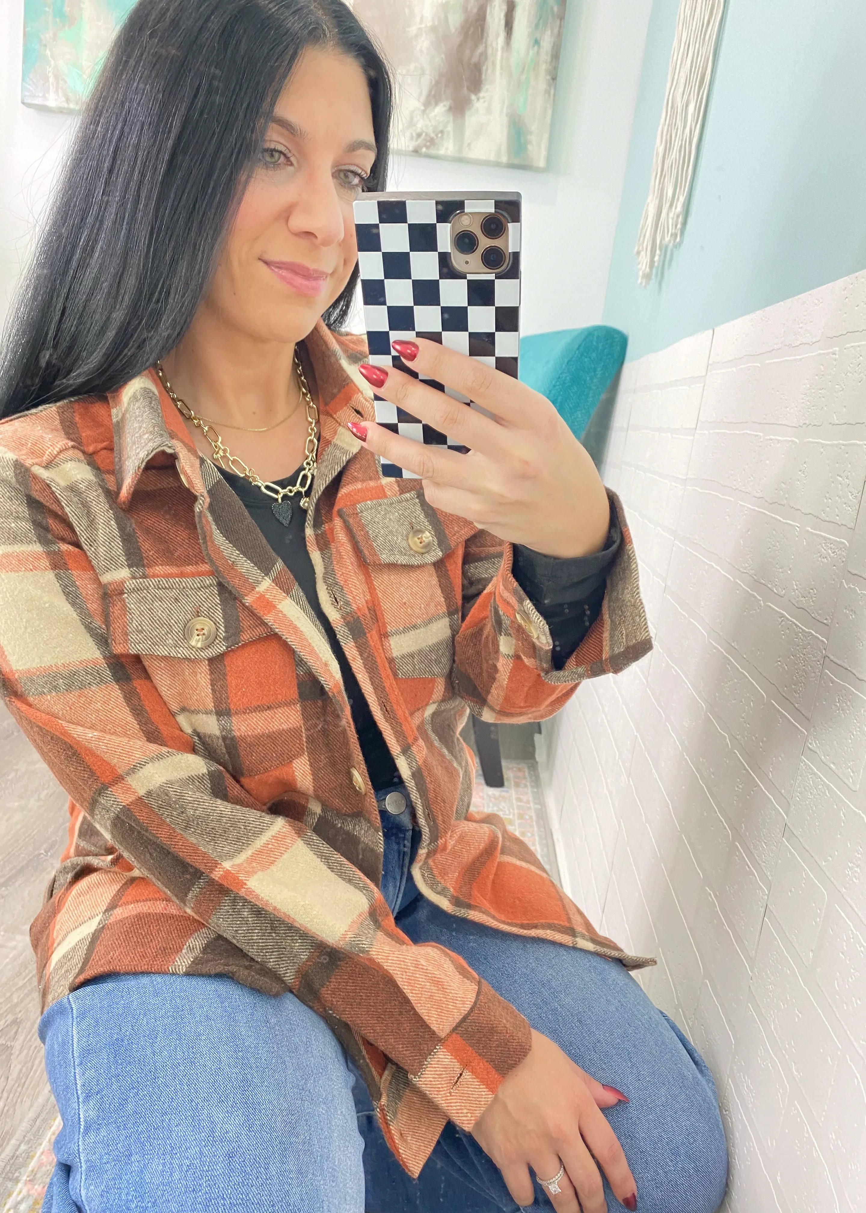 'The Pumpkin Patch' Oversized Rust & Cream Plaid Flannel Shacket