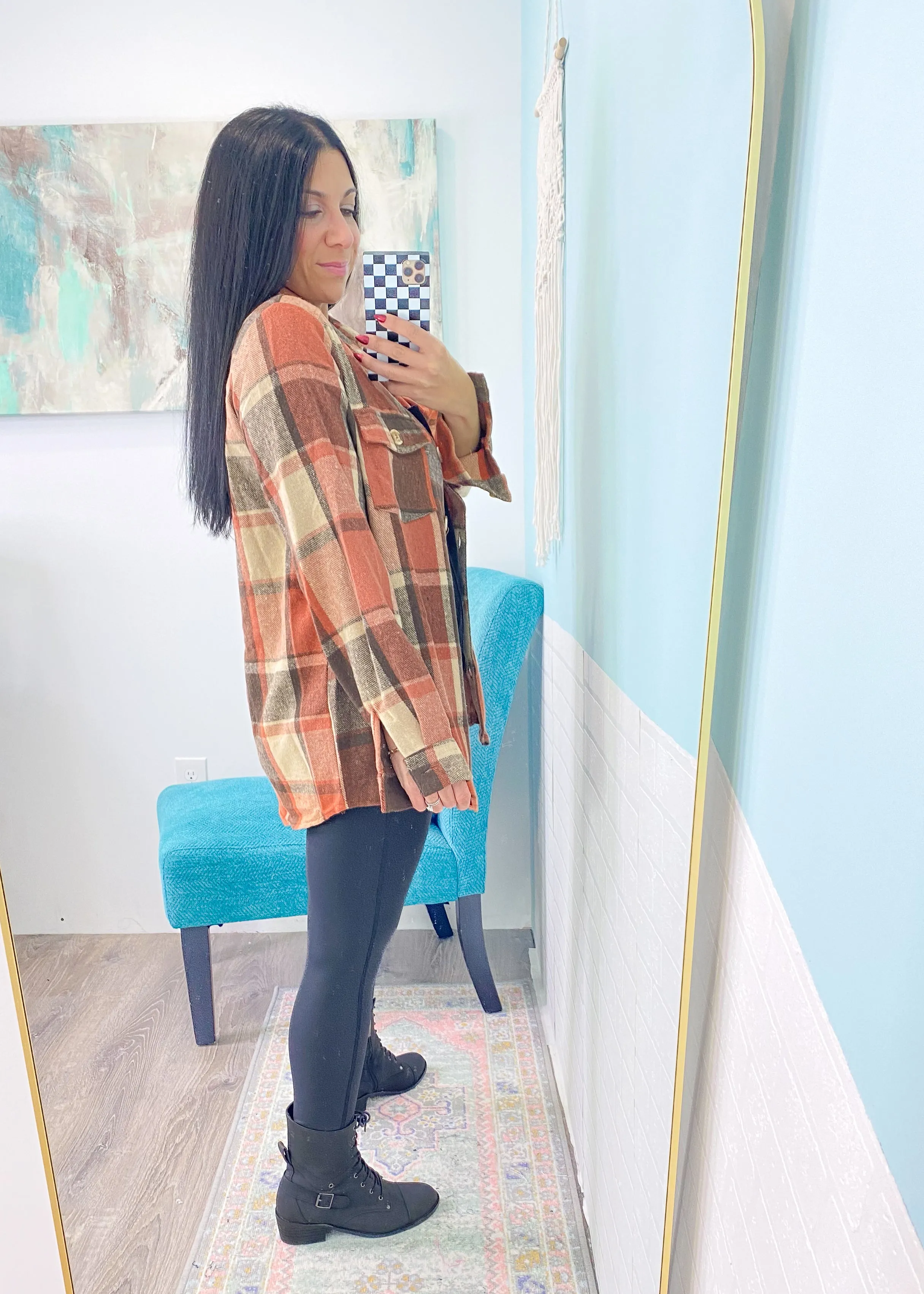 'The Pumpkin Patch' Oversized Rust & Cream Plaid Flannel Shacket