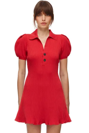 Trendy Puff Sleeve Ribbed Winter Polo Sweater Mini Dress - Red