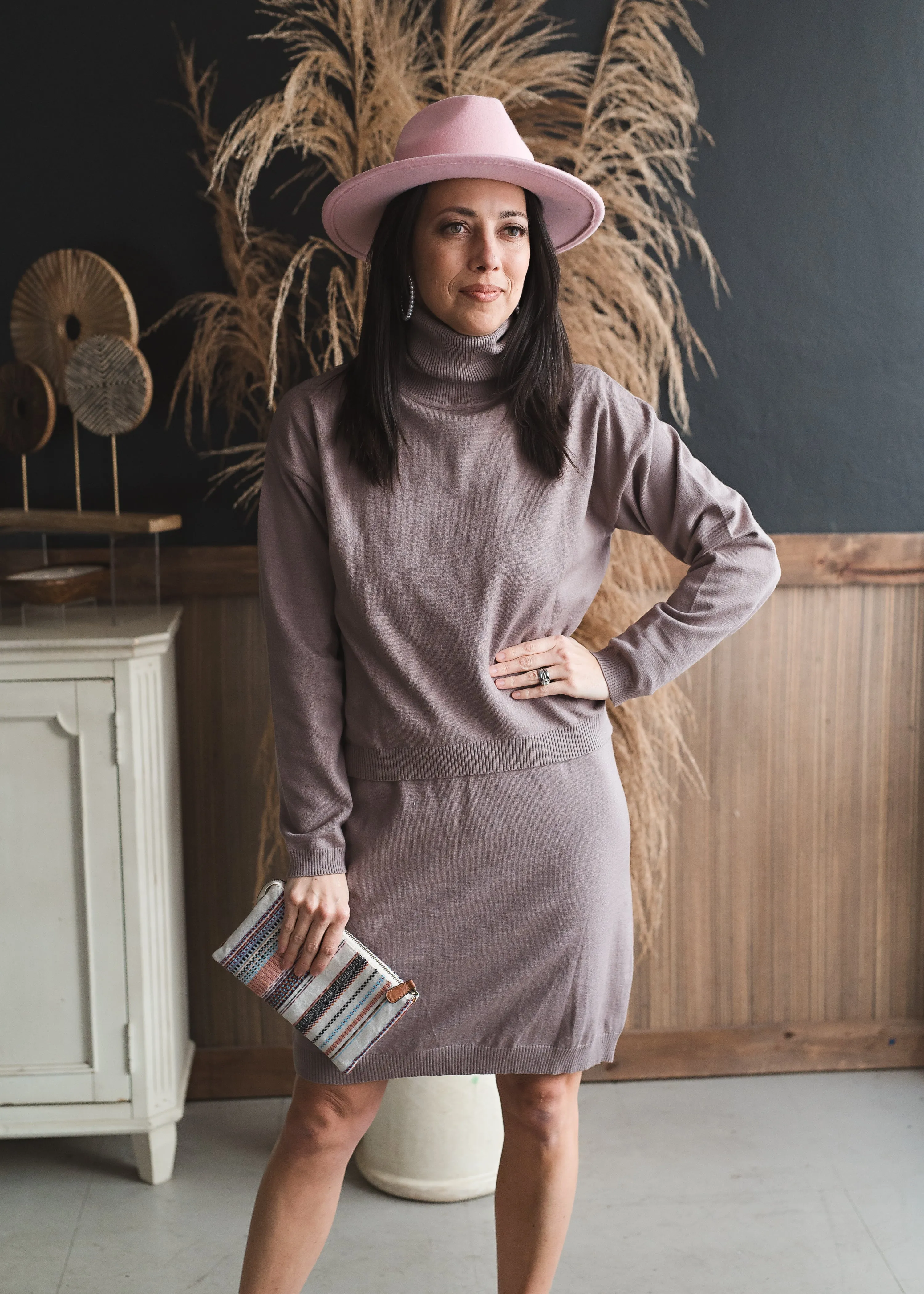 Turtle Neck Midi Dress Set - Mocha