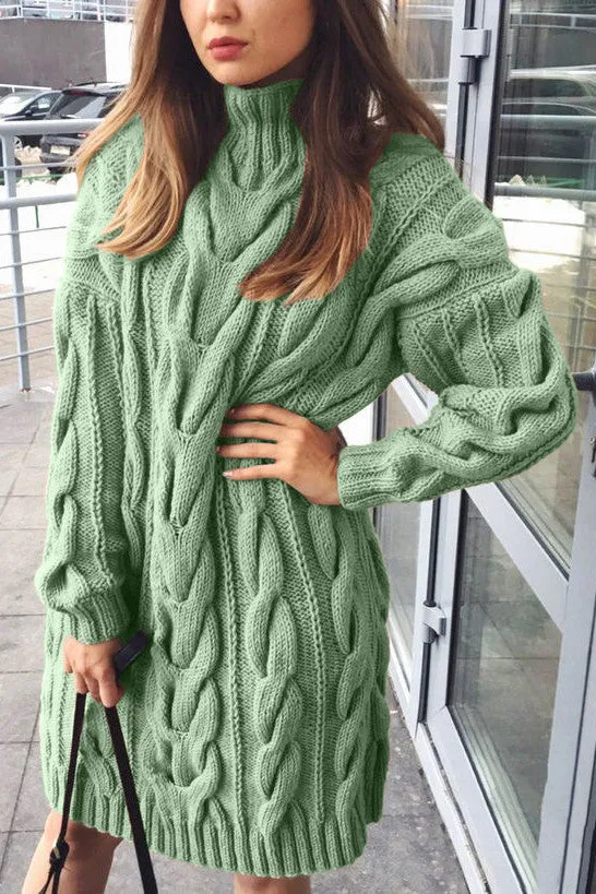 Turtleneck twist knit mid-length sweater dress