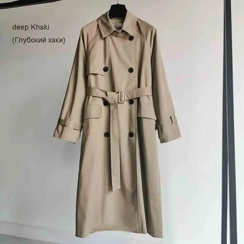 UK Fashion Fall Casual Double Breasted Simple Classic Long Trench Chic Female Windbreaker Coat