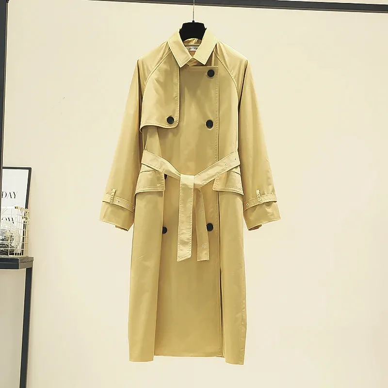 UK Fashion Fall Casual Double Breasted Simple Classic Long Trench Chic Female Windbreaker Coat