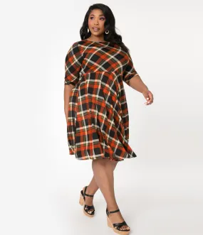 Unique Vintage Plus Size 1950s Orange & Black Plaid Nicole Swing Dress