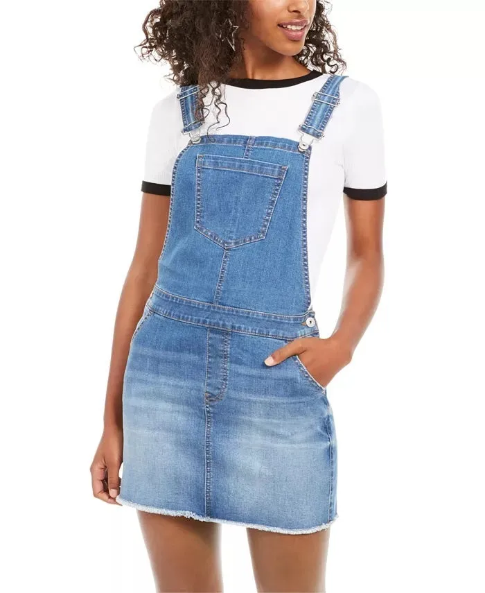 Vanilla Star Juniors' Frayed-Hem Overalls Dress Blue Size 13