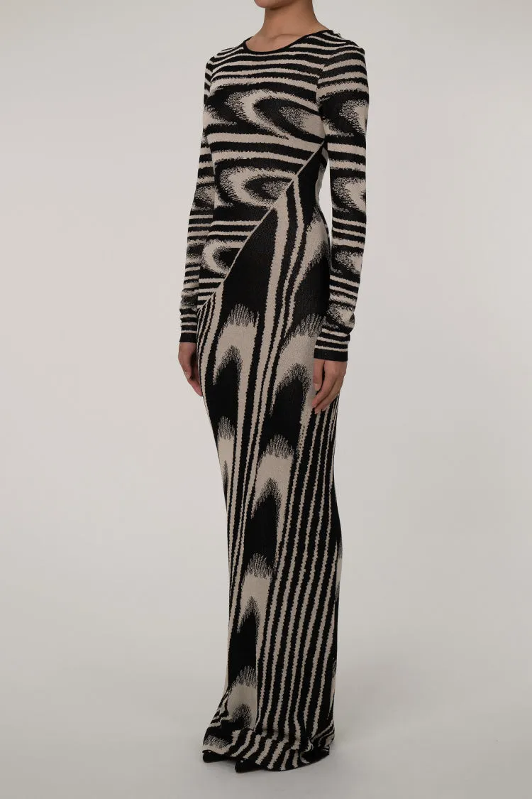 Vintage Geometric Print Crew Neck Long Sleeve Sheath Sweater Maxi Dress