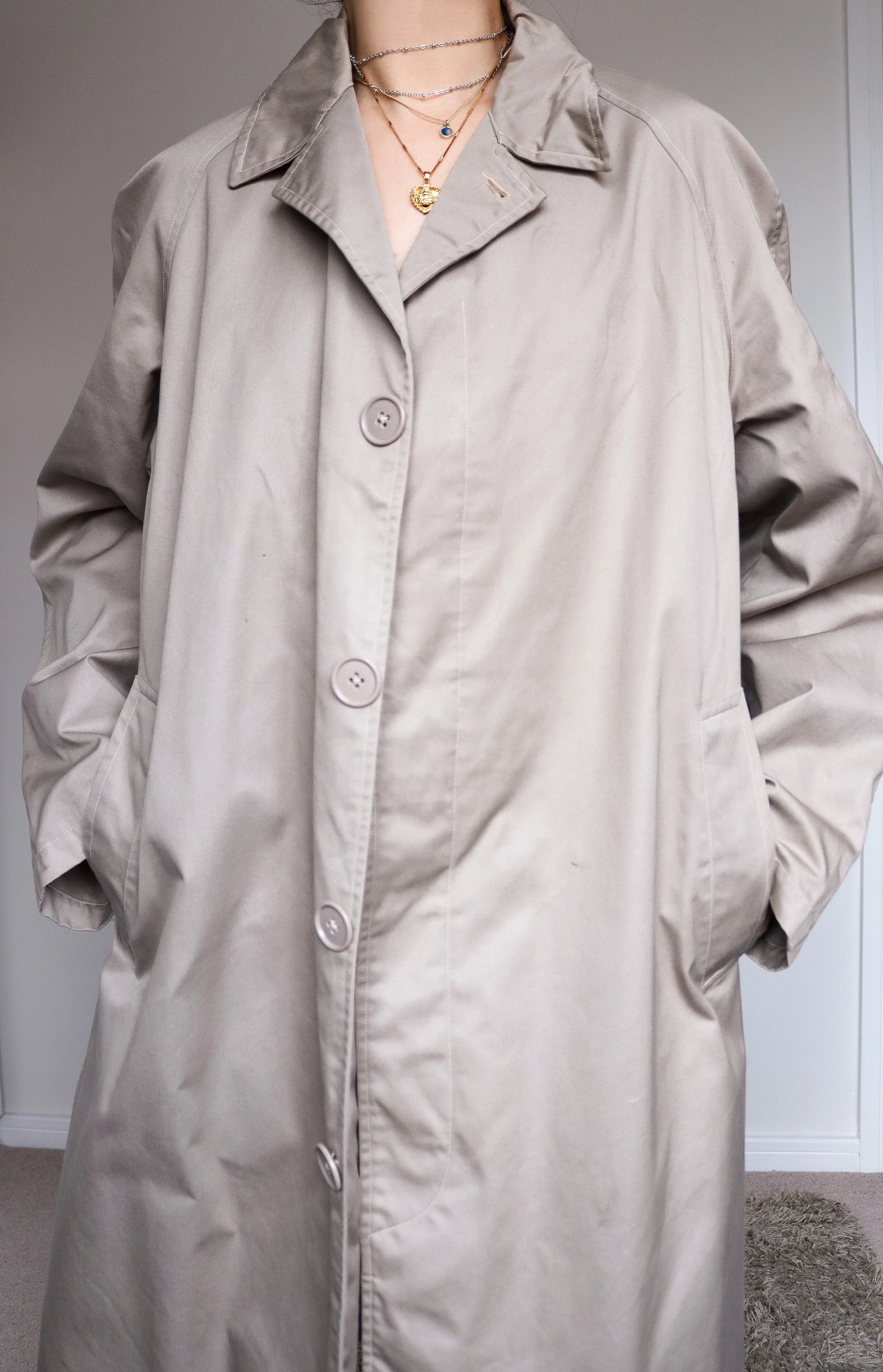 VINTAGE SIMPLE CLASSIC UNISEX BEIGE TRENCH LONG COAT JACKET