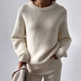 Wenkouban-border round neck knitted sweater European and American 2024 autumn and winter new style temperament simple lazy pullover pure white round neck sweater