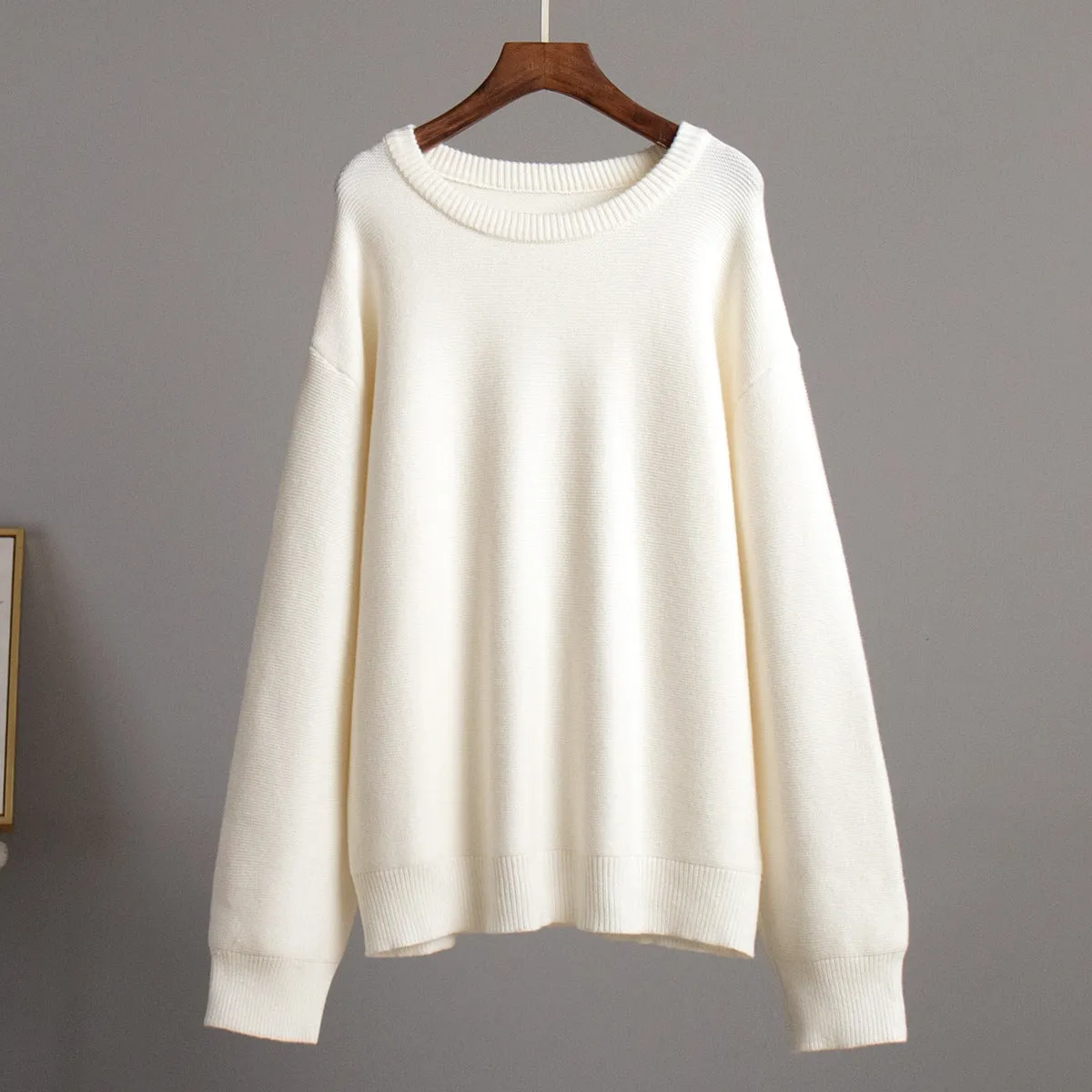 Wenkouban-border round neck knitted sweater European and American 2024 autumn and winter new style temperament simple lazy pullover pure white round neck sweater