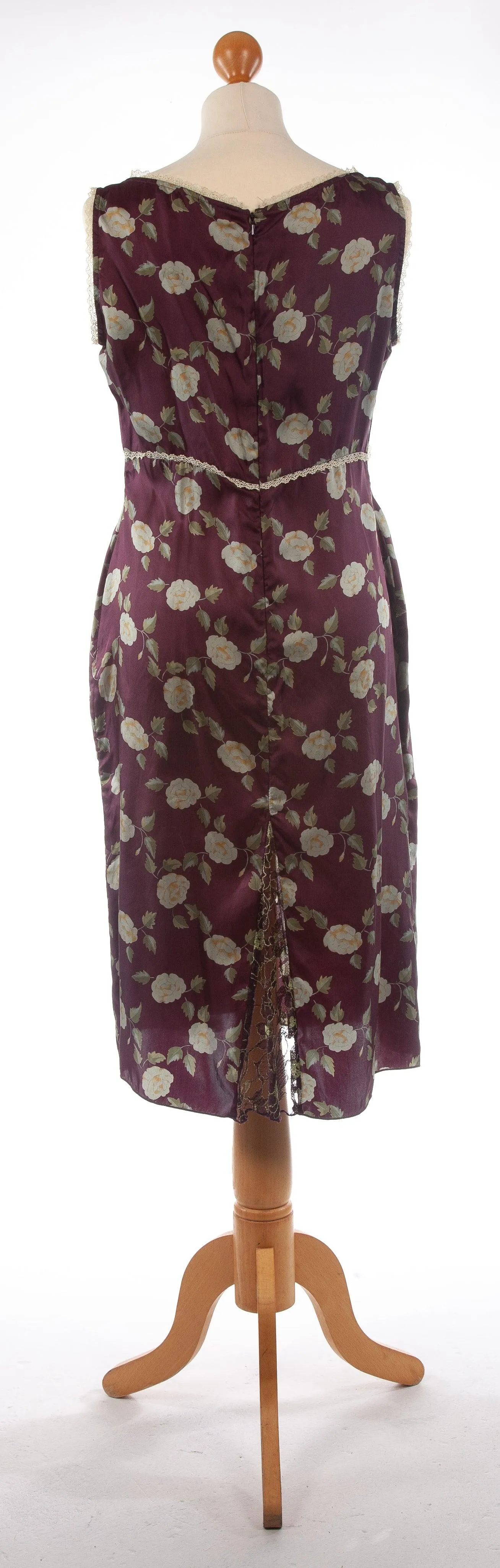 Whistles Silk Dress with Lace Panels Burgundy with Green Flowers UK 14