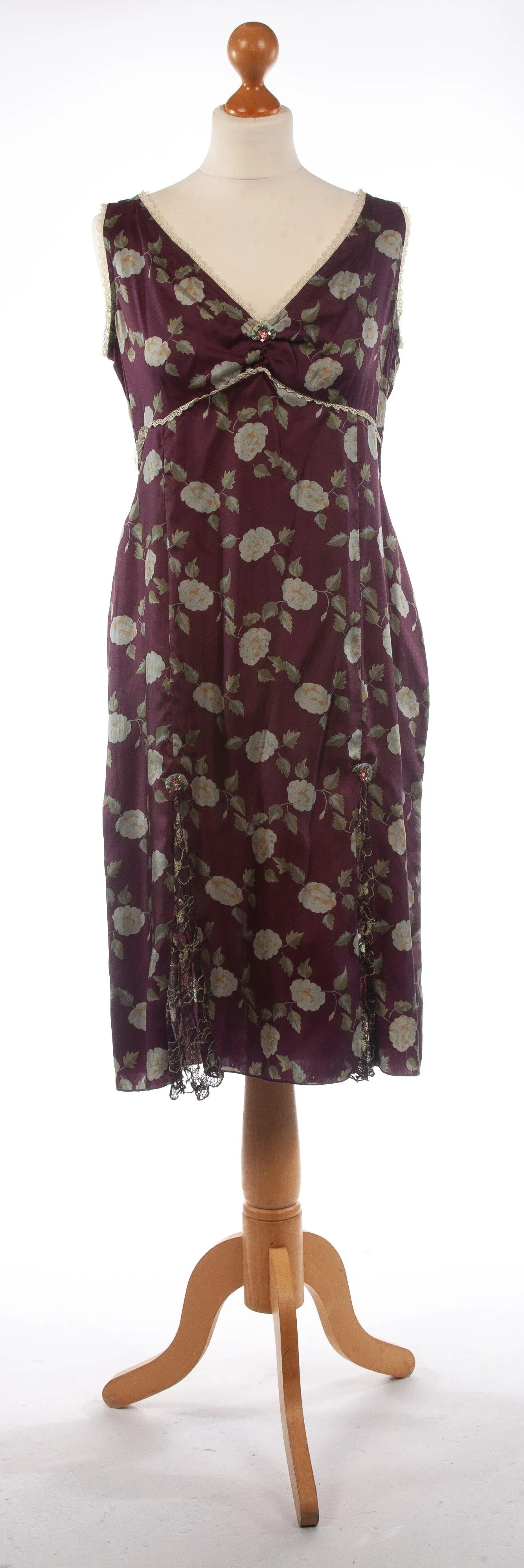 Whistles Silk Dress with Lace Panels Burgundy with Green Flowers UK 14