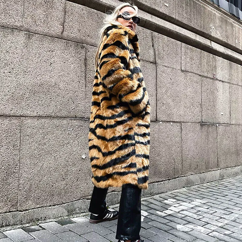 Wild Animal Print Open Front Collared Faux Fur Teddy Trench Coat - Tiger