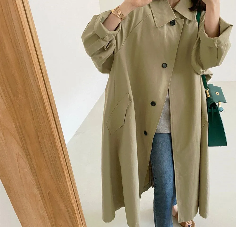 Wjczt Spring Autumn Long Korean Simple Women Trench Coat 2022 Spring New Loose Turn-down Collar Button Women Coats