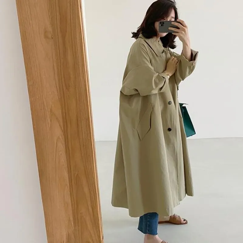 Wjczt Spring Autumn Long Korean Simple Women Trench Coat 2022 Spring New Loose Turn-down Collar Button Women Coats