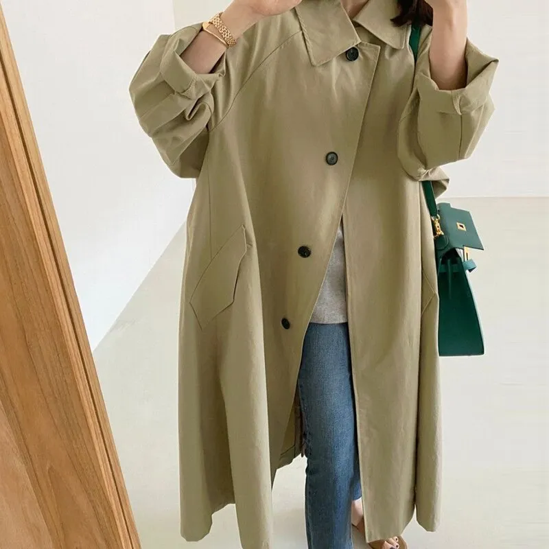 Wjczt Spring Autumn Long Korean Simple Women Trench Coat 2022 Spring New Loose Turn-down Collar Button Women Coats