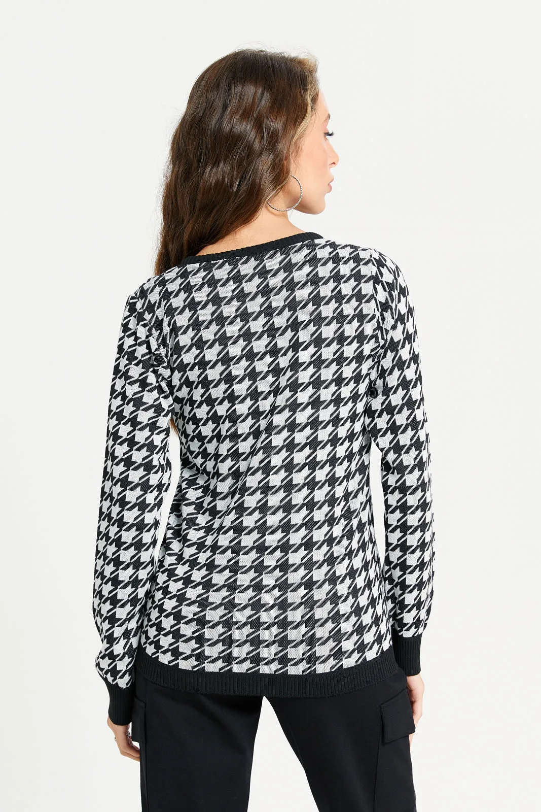 Women Black And White Jacquard Pullover