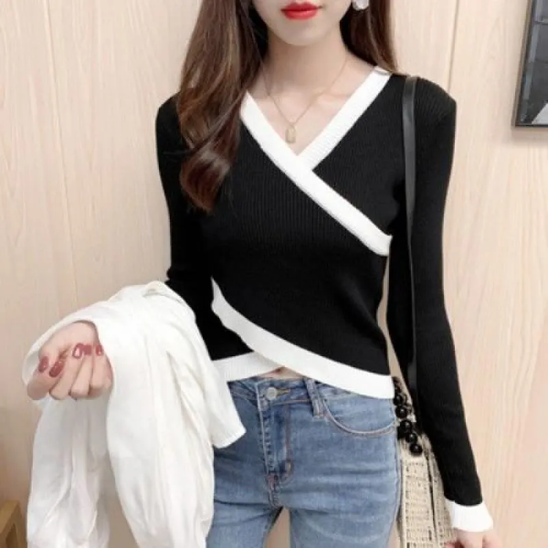 Women's Fashion Simple Cross V-neck Irregular Sweater