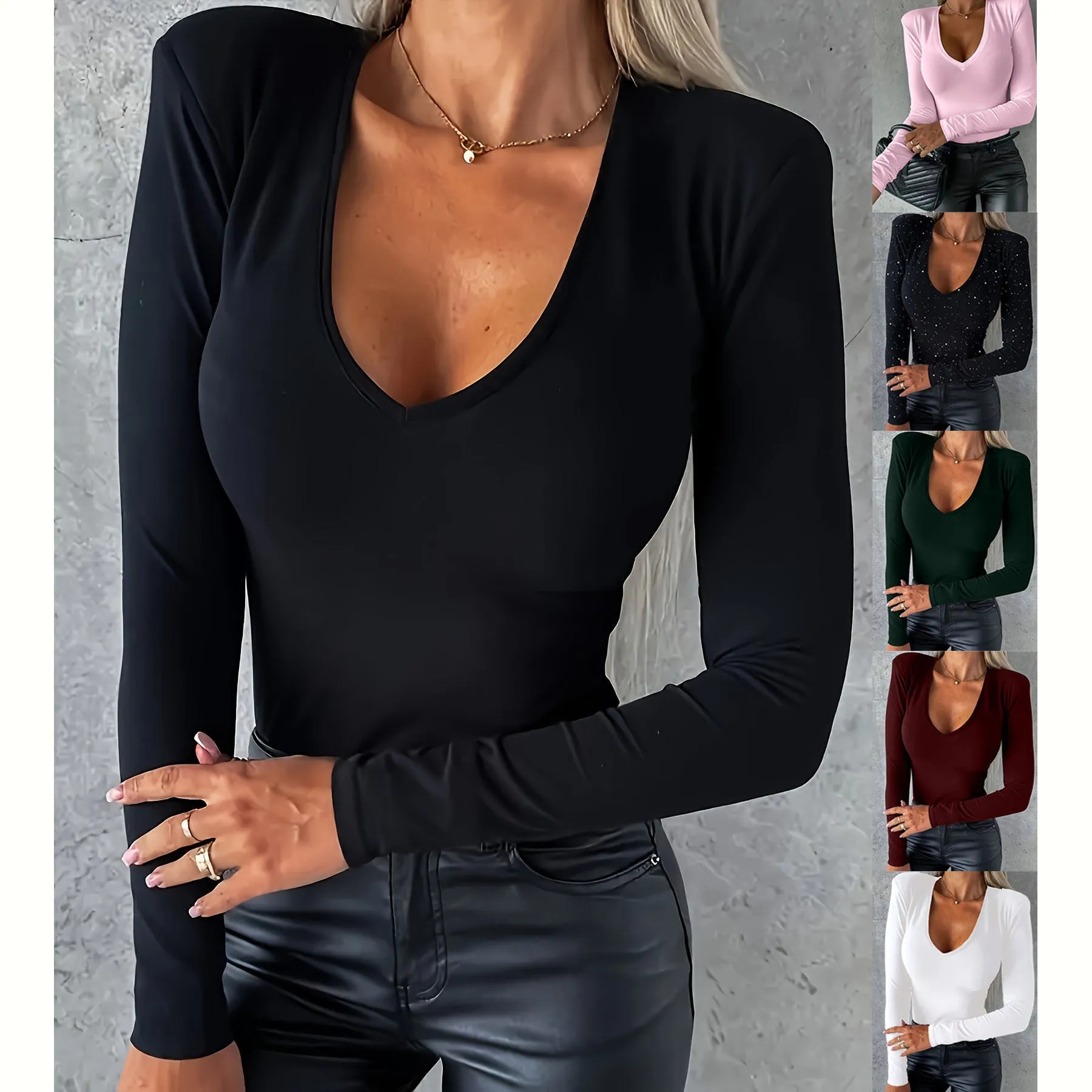 Women's Long-sleeved V-neck Tight Bottoming Casual Simple T-shirt Top