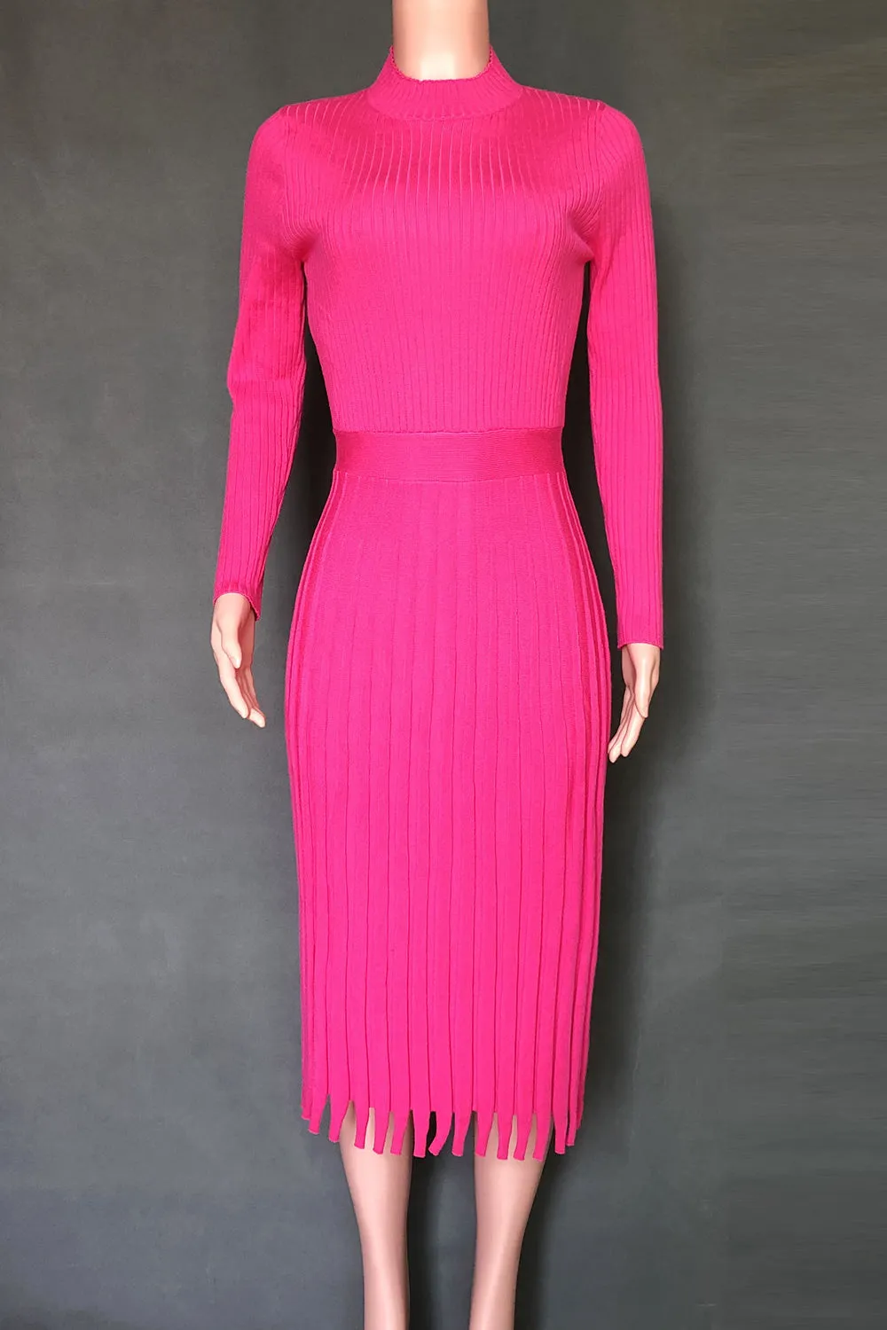 Women's Pink Mid Length Sweater Knit Solid Color Pleated Dress