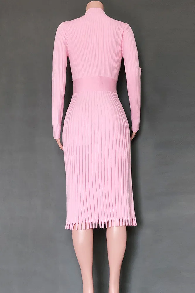 Women's Pink Mid Length Sweater Knit Solid Color Pleated Dress