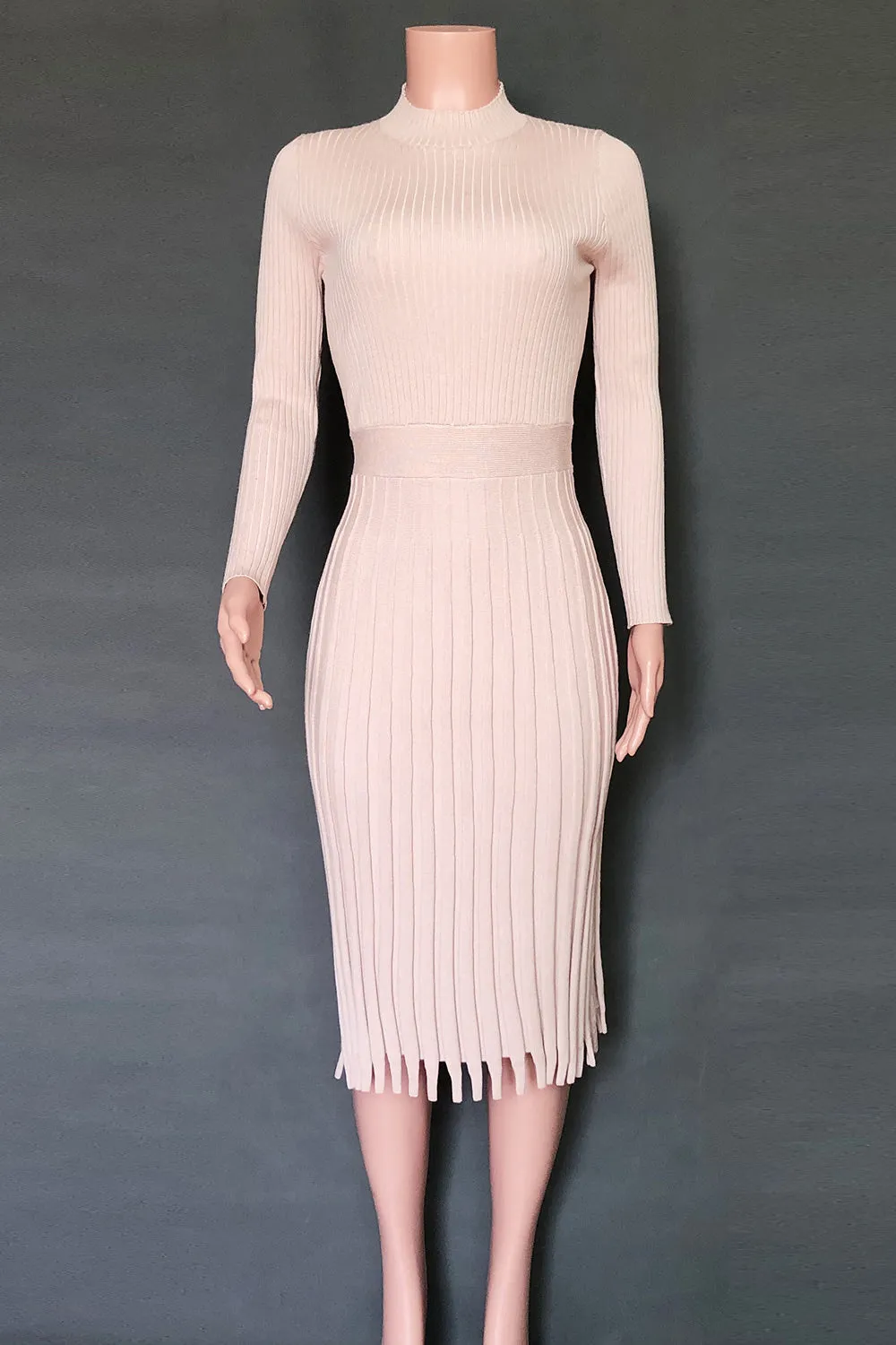 Women's Pink Mid Length Sweater Knit Solid Color Pleated Dress