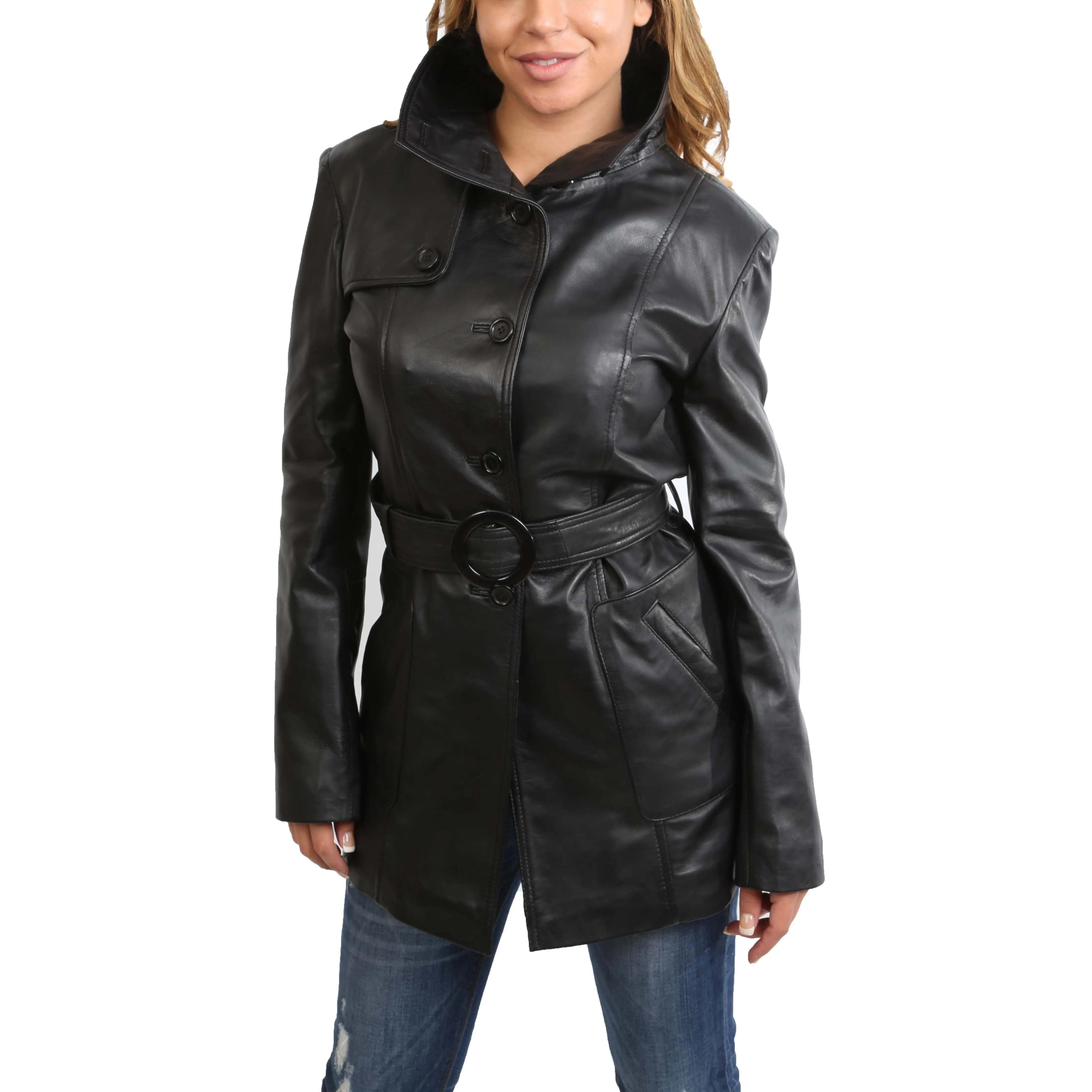 Womens Real Leather Hip Length Trench Parka Coat Alba Black