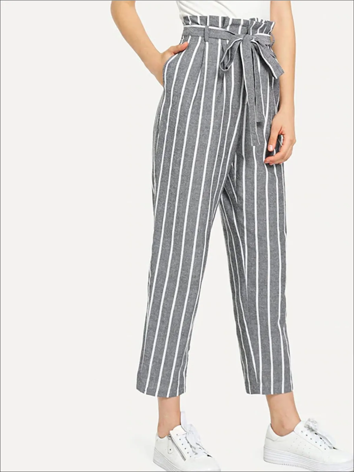 Women's Striped Belted Tapered Pants