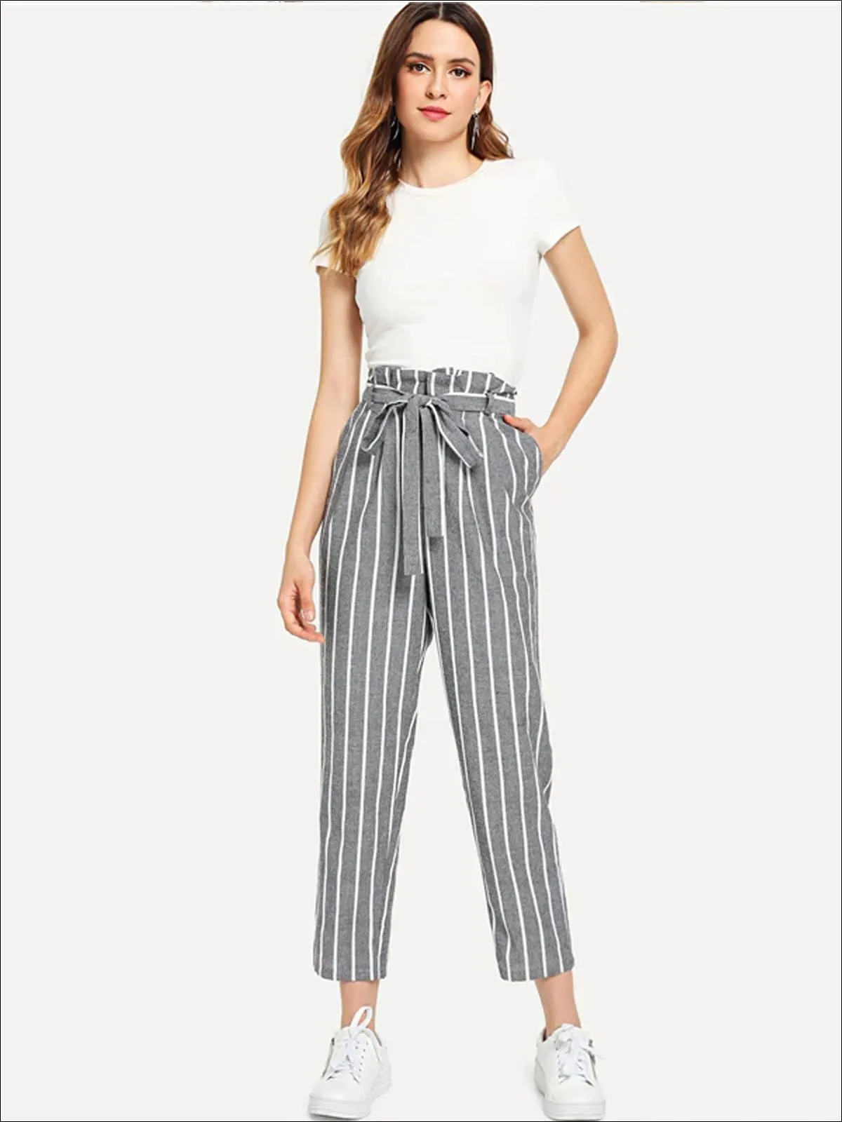 Women's Striped Belted Tapered Pants