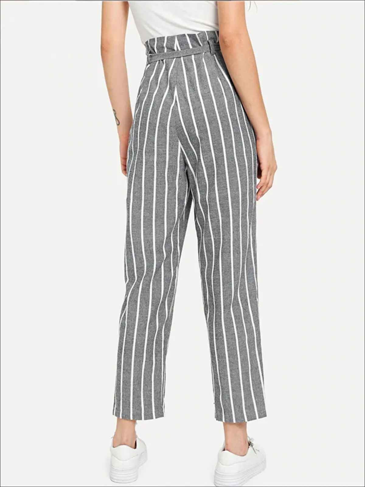 Women's Striped Belted Tapered Pants