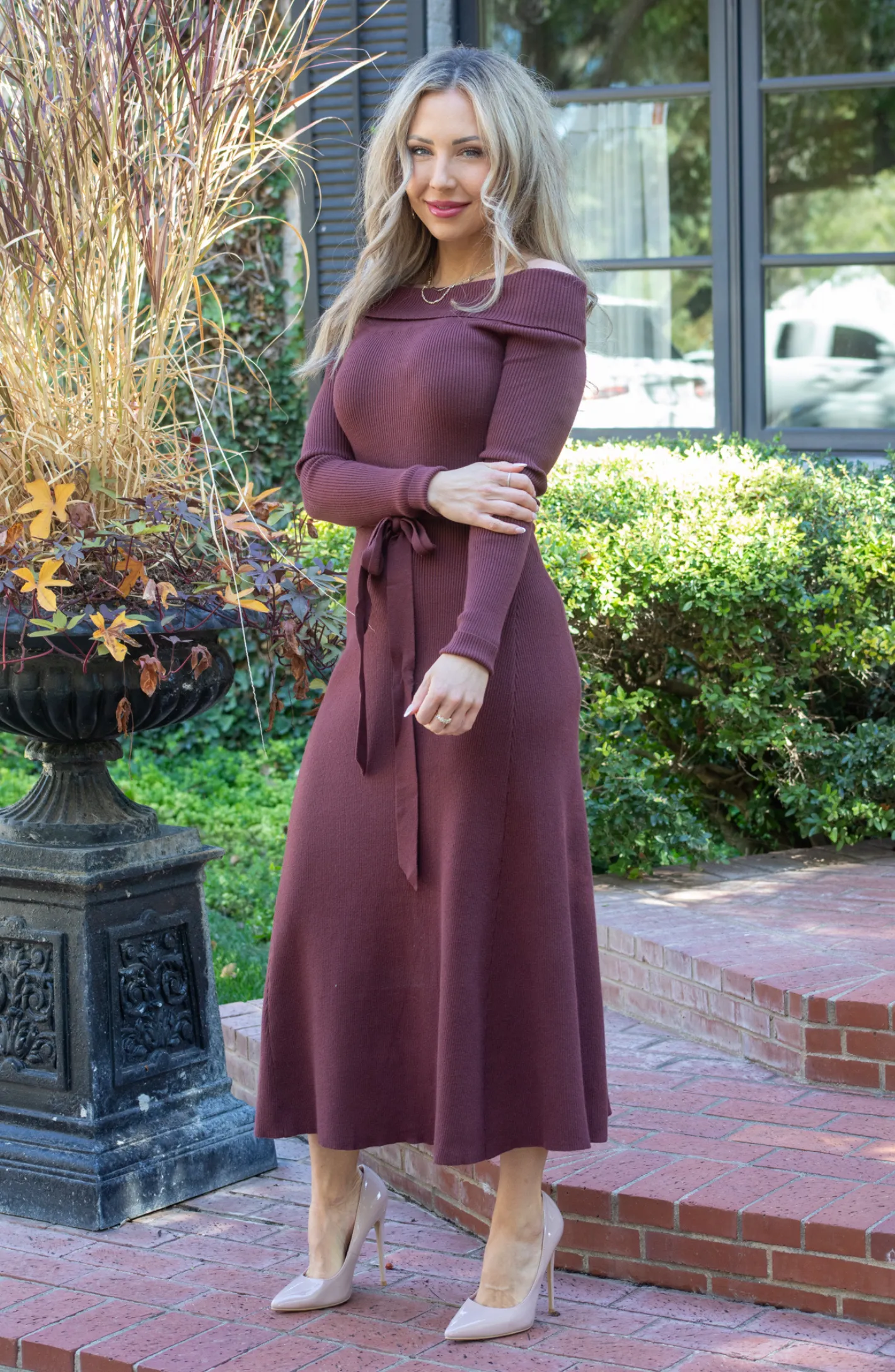 Wrapped In Grace Off Shoulder Midi Sweater Dress