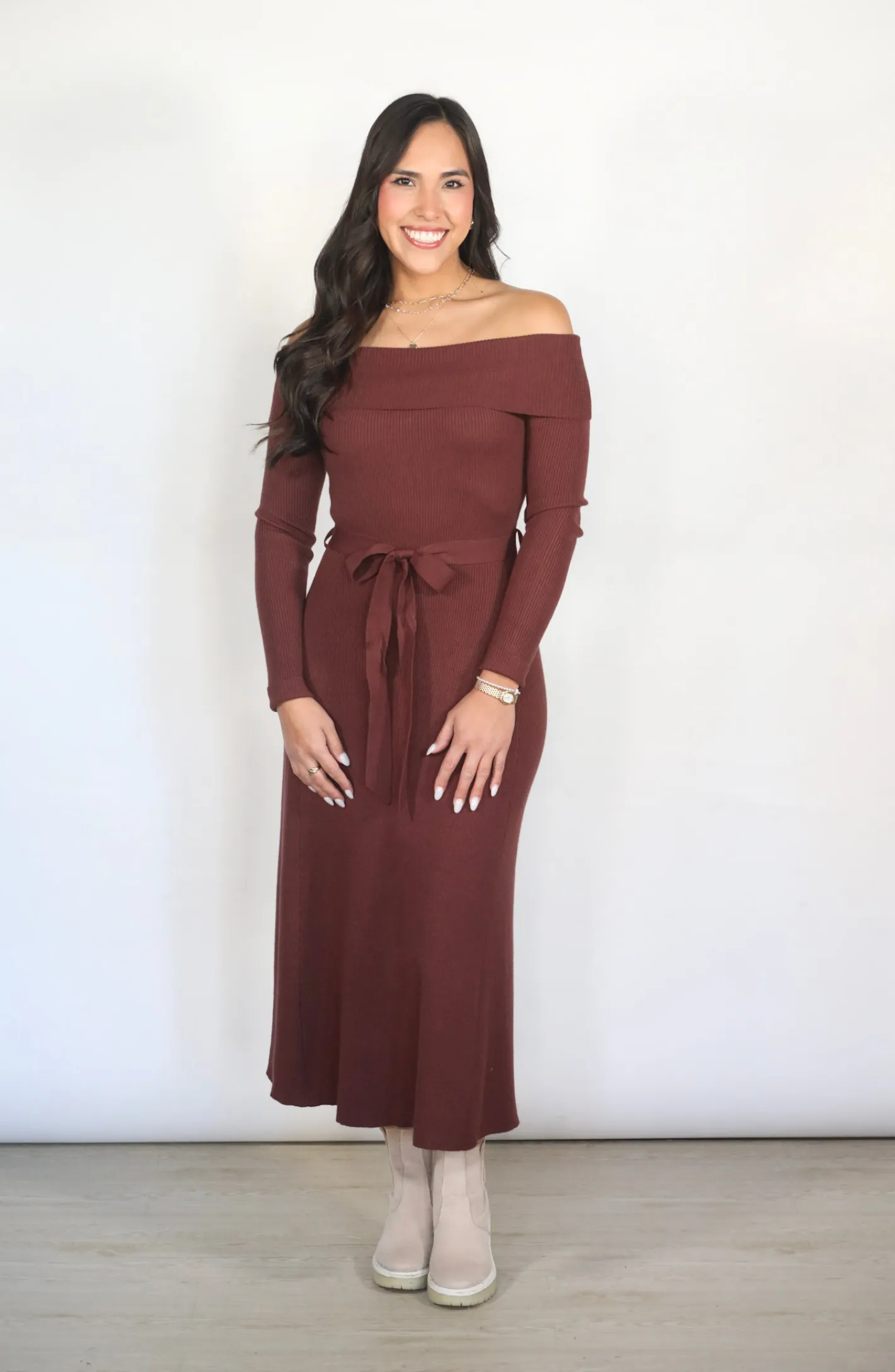 Wrapped In Grace Off Shoulder Midi Sweater Dress