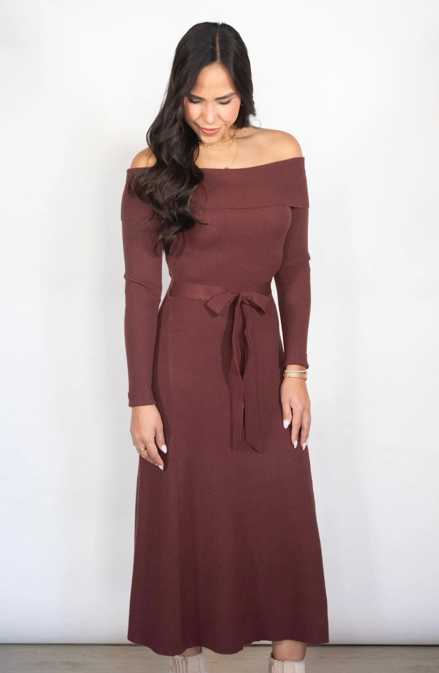 Wrapped In Grace Off Shoulder Midi Sweater Dress