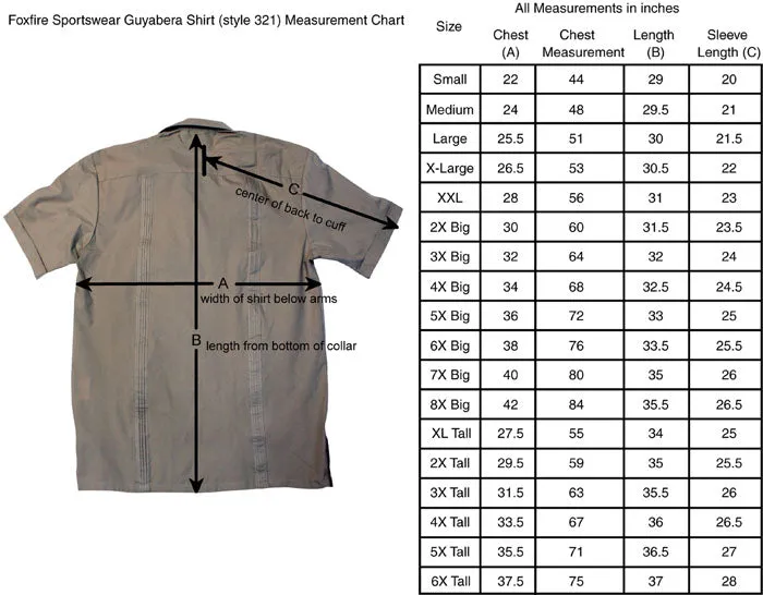 X FOXFIRE Sportswear Men's Short Sleeved Embroidered 4-Pocket Guayabera Shirt, Style#321